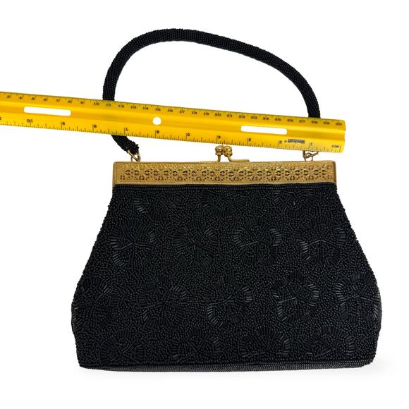 Vintage 1950s Black Beaded Hong Kong Evening Purse Gold Filigree AB Clasp - Picture 4 of 16